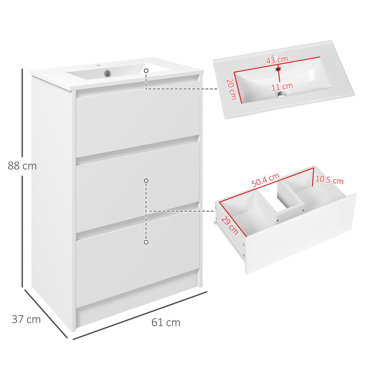 Kleankin Floor Standing Vanity Unit, 600mm Bathroom Sink Cabinet with Basin, Single Tap Hole, High Gloss, 2 Drawers