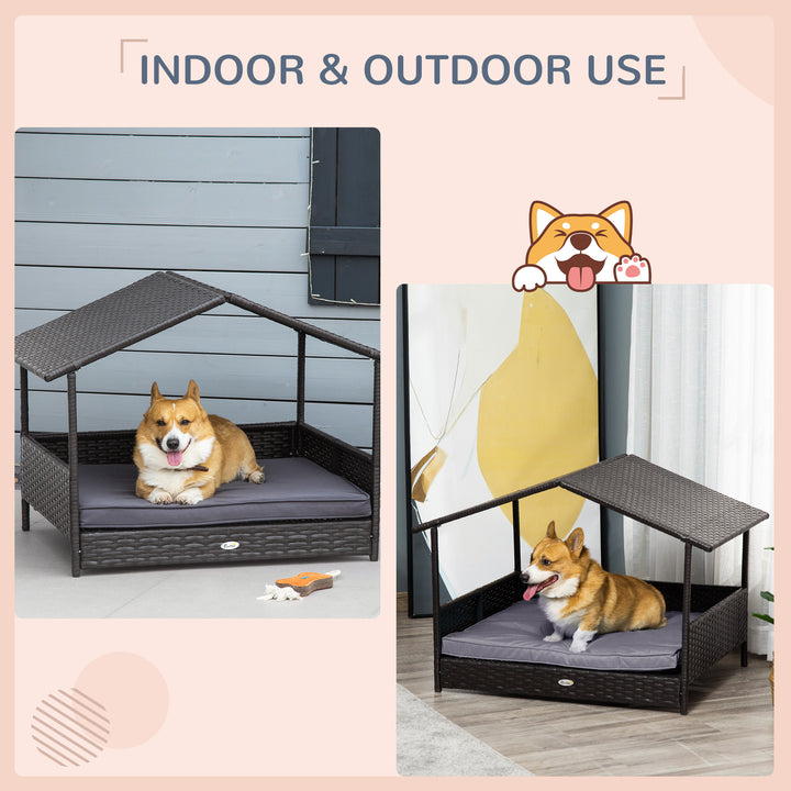 Wicker Dog Bed, Elevated Rattan Dog House with Removable Cushion and Canopy, for Small and Medium Dogs, 98 x 69 x 70cm - Grey