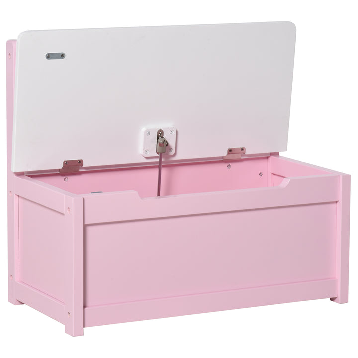 HOMCOM Wooden Toy Box Toy Storage Organizer with the Backrest, the Lid Fitted with a Gas Rod, Safe for Children, Pink | Aosom UK