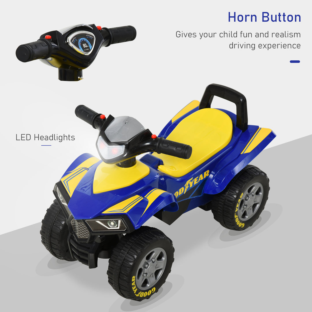 Baby Quad Bike Kids Ride On Car Goodyear Licensed Walker Foot To Floor Slider NO POWER w/ Lights Horn Storage Blue for 18-36 Months