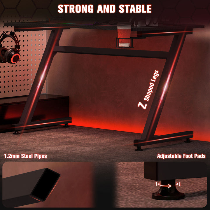 Gaming Desk 120 x 65 cm Steel Frame with Cup Holder, Headphone Hook, Adjustable Feet and Cable Organiser, Home Office Computer Table, Black
