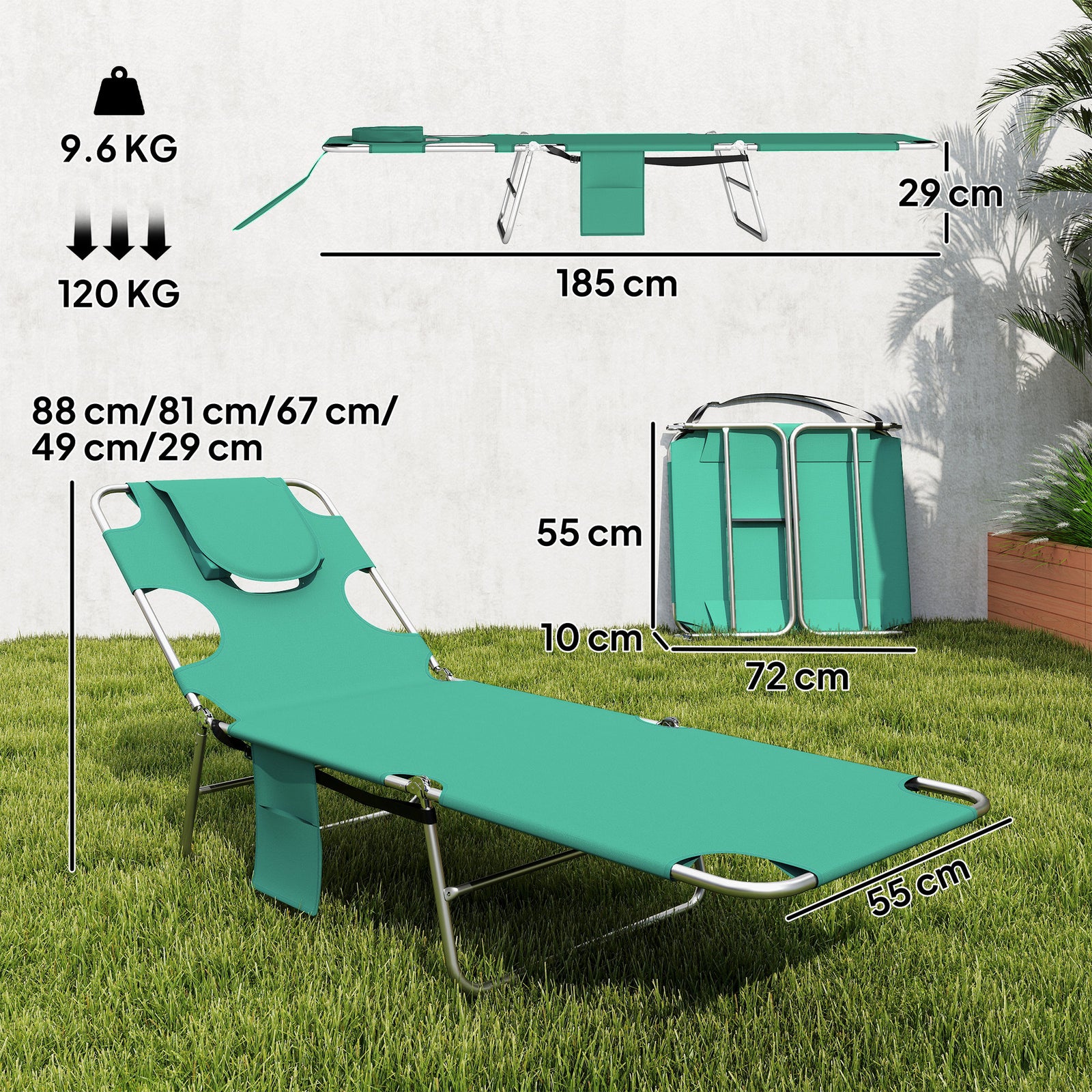 5-Position Adjustable Sun Loungers Set of 2 with Reading Hole and Side