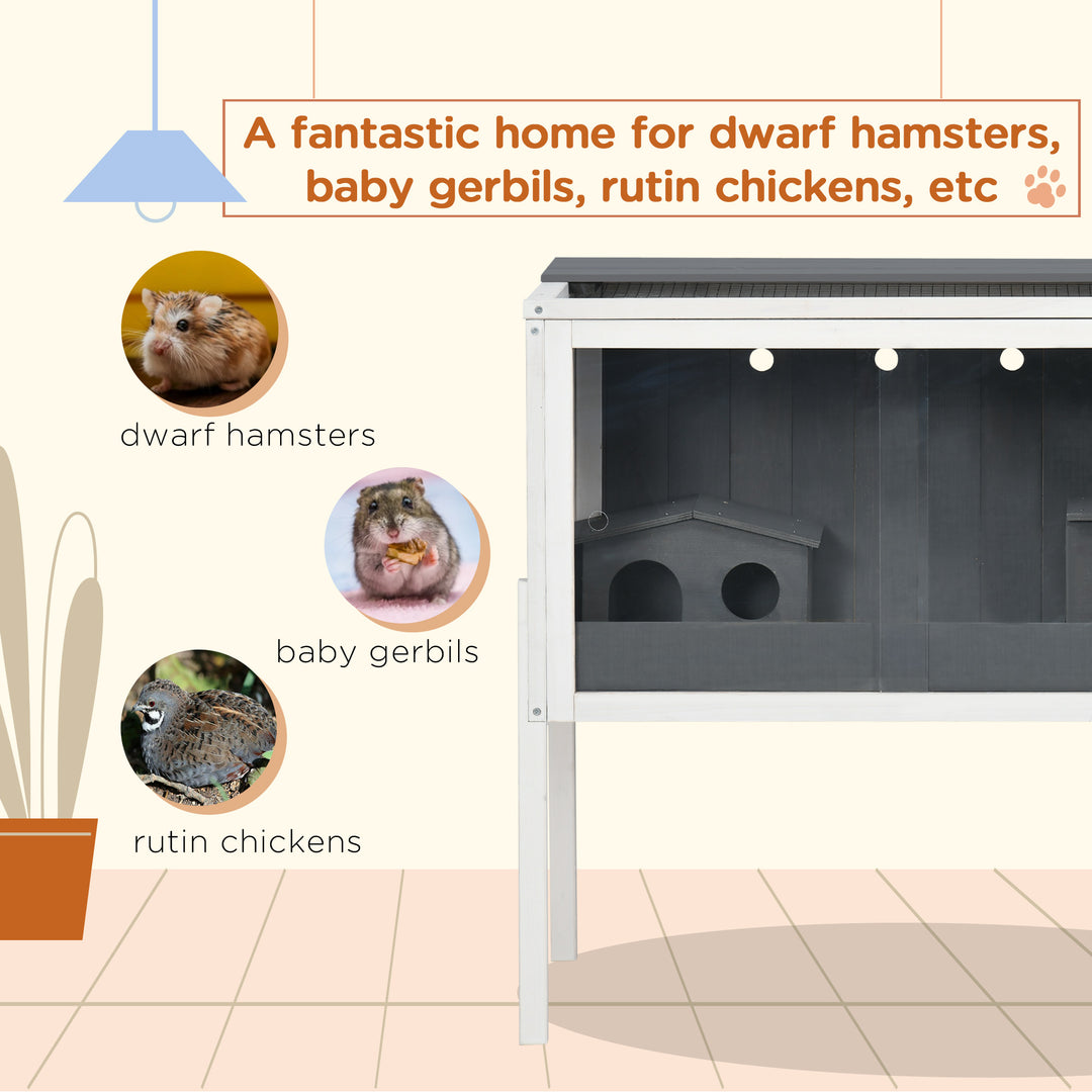 Wooden Hamster Cage for Dwarf Hamsters, Gerbils, Rutin Chicken, with Shelf, Two Huts - Grey
