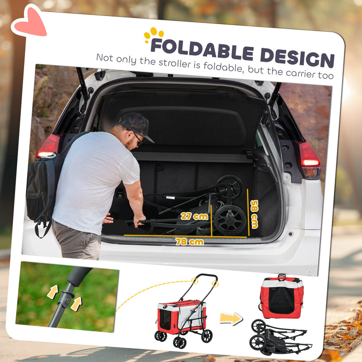 Foldable Dog Stroller, Pet Travel Crate, with Detachable Carrier, Soft Padding, for Mini, Small Dogs - Red