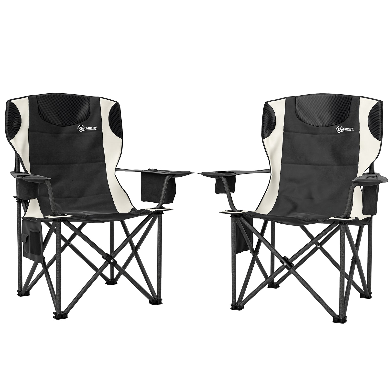 Set of 2 Folding Camping Chairs, Padded Camping Chairs with Adjustable Armrests, Portable & Lightweight Folding Camp Chair with Cooler Bag, Cup Holder and Side Pockets, Black