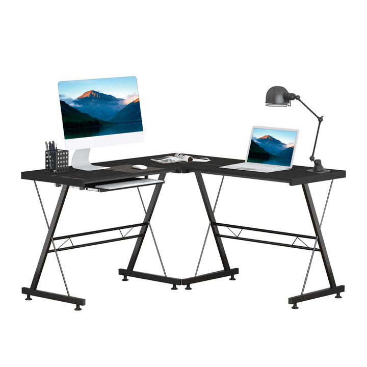 HOMCOM L Shape Office Gaming Desk, Straight Corner Table, Computer Work Station, Laminated, Sturdy, with Keyboard Tray, Black | Aosom UK