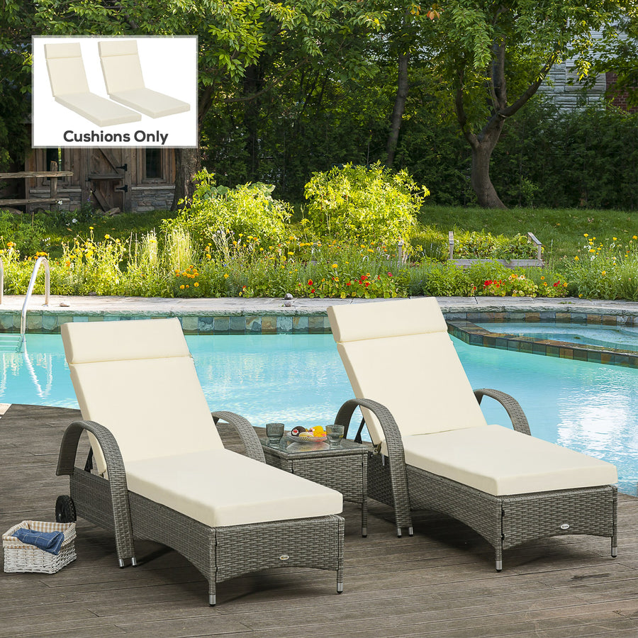 Set of 2 Sun Lounger Cushions, Replacement Cushions for Rattan Furniture with Ties, 196 x 55 cm, Cream White