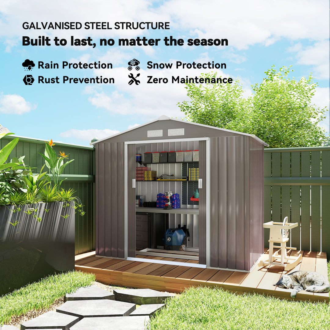 7ft x 4ft Lockable Garden Metal Storage Shed Storage Roofed Tool Metal Shed w/ Air Vents Steel Grey