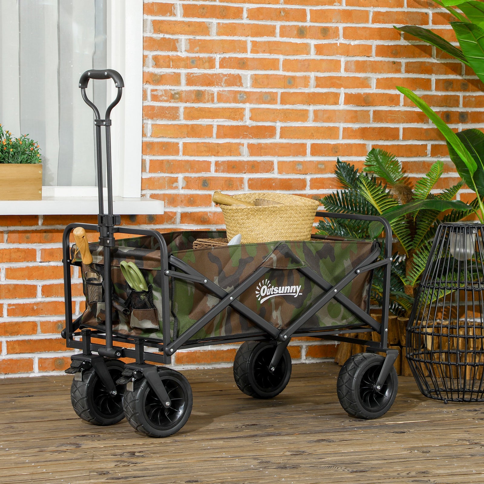 95L Folding Steel Frame Garden Trolley, with Handle - Multicolour