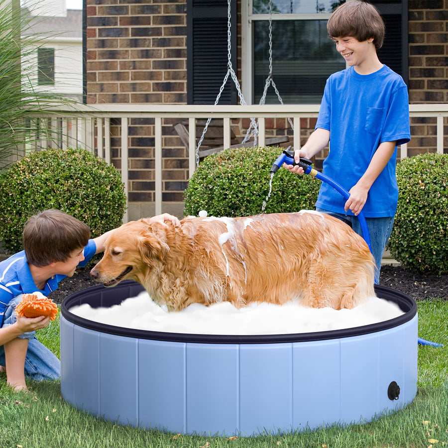 Dog Paddling Pool, Foldable Dog Pool, Leakproof & Hard Plastic, Portable Pet Bathtub with Non-Slip Base & Drainage Hole, for Indoors, Outdoors, Garden, Patio, 120 x 30 cm, Blue