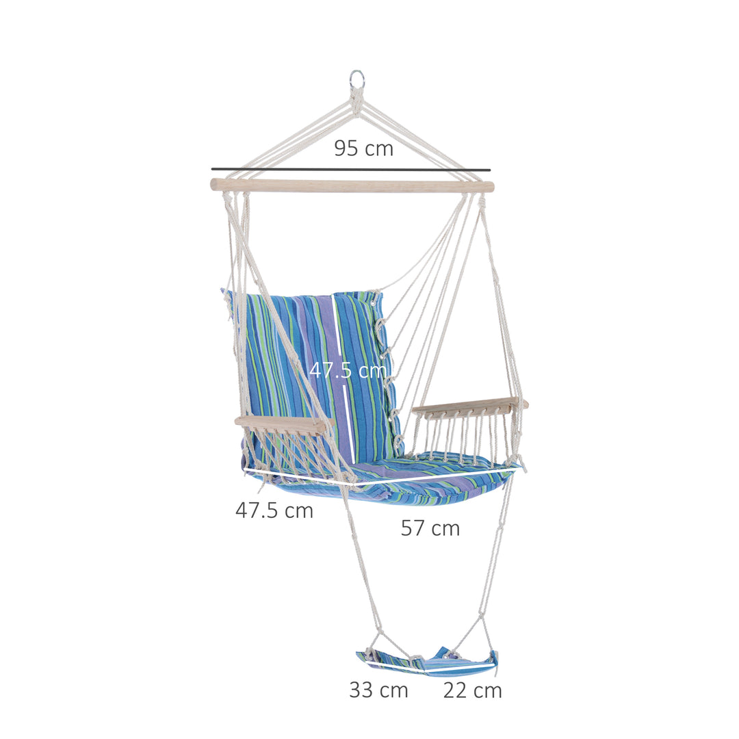 Hanging Rope Chair with Soft Padded Seat & Backrest, Portable Garden Hammoc Chair with Wooden Support Bar, Armrests, Cotton Cloth, Footrest, for Patio & Tree, Blue