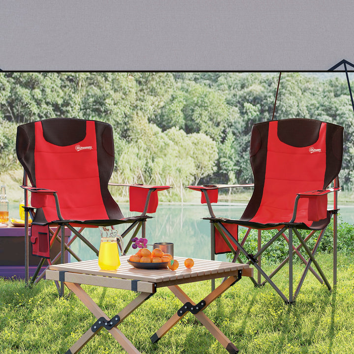 Set of 2 Folding Camping Chairs, Padded Camping Chairs with Adjustable Armrests, Portable & Lightweight Folding Camp Chair with Cooler Bag, Cup Holder and Side Pockets, Red