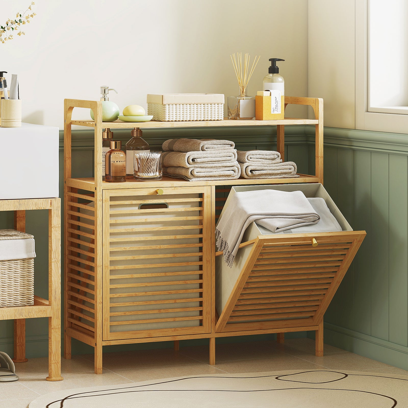 Double Tilt Out Bamboo Laundry Cabinet, Freestanding Bathroom Cabinet 