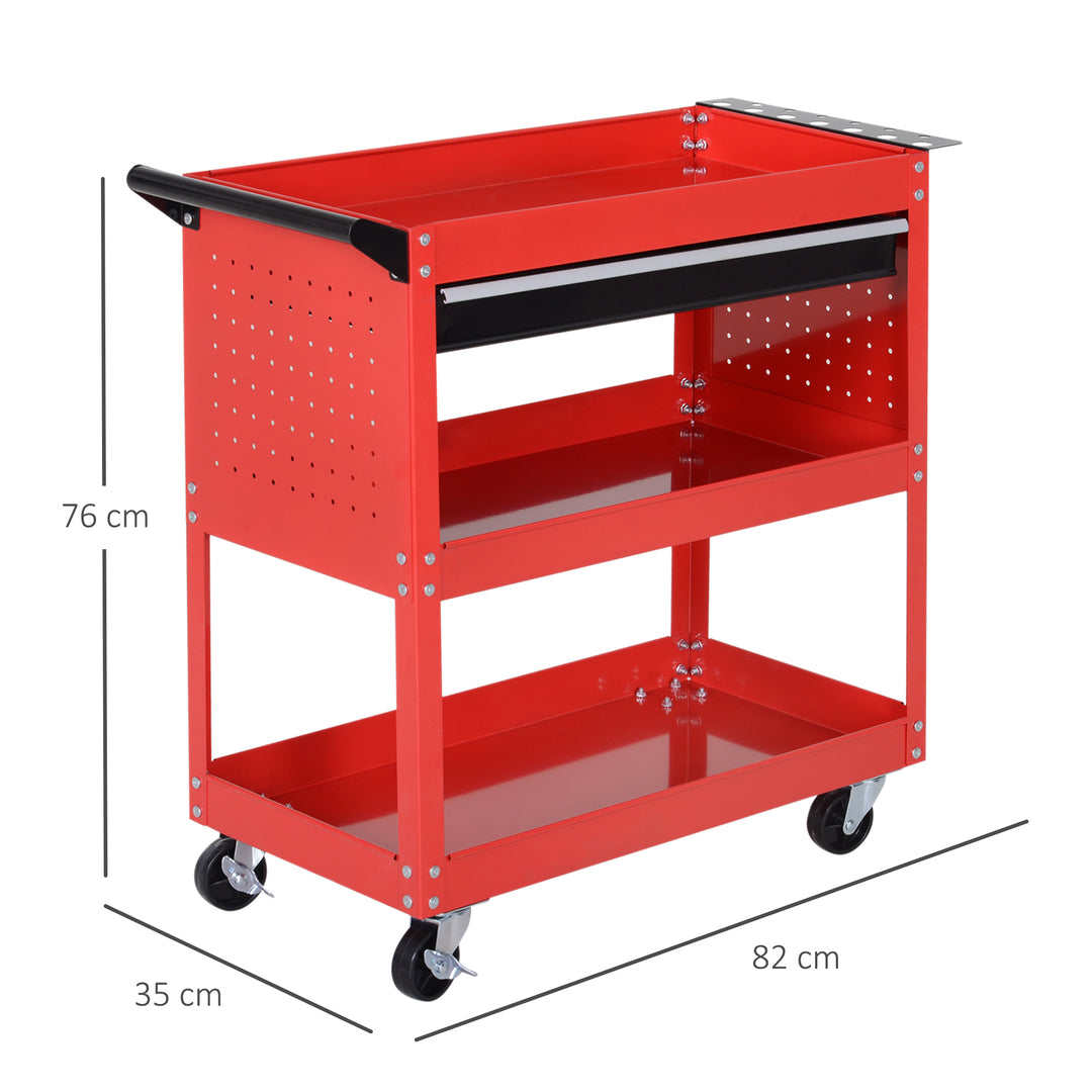 DURHAND 3-Tier Tool Trolley Cart Storage Shelf Roller Cabinet DIY Box Garage Workshop with Drawer Red | Aosom UK