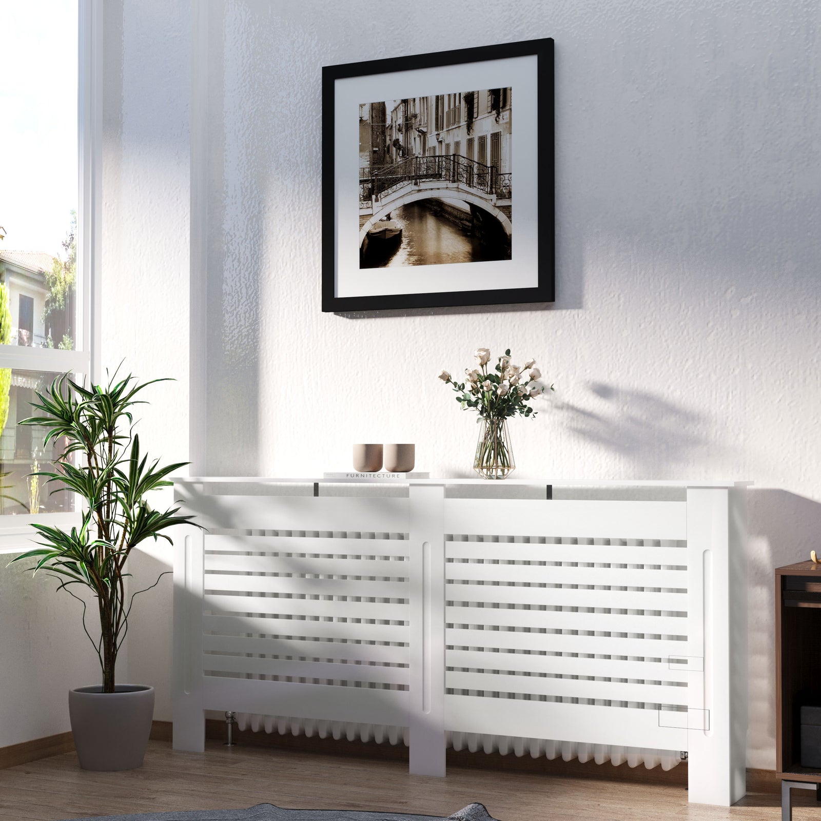 Radiator Cover, Modern MDF White Painted Cabinet with Horizontal Slats for Living Room, Bedroom, 172L x 19W x 81H cm