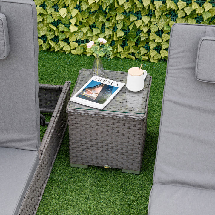 3 Pieces Rattan Sun Lounger Set with Aluminium Frame, 5-Position Adjustable Reclining Garden Chairs and Glass Top Table, Wicker Garden Furniture Daybed with Cushions for Patio, Grey