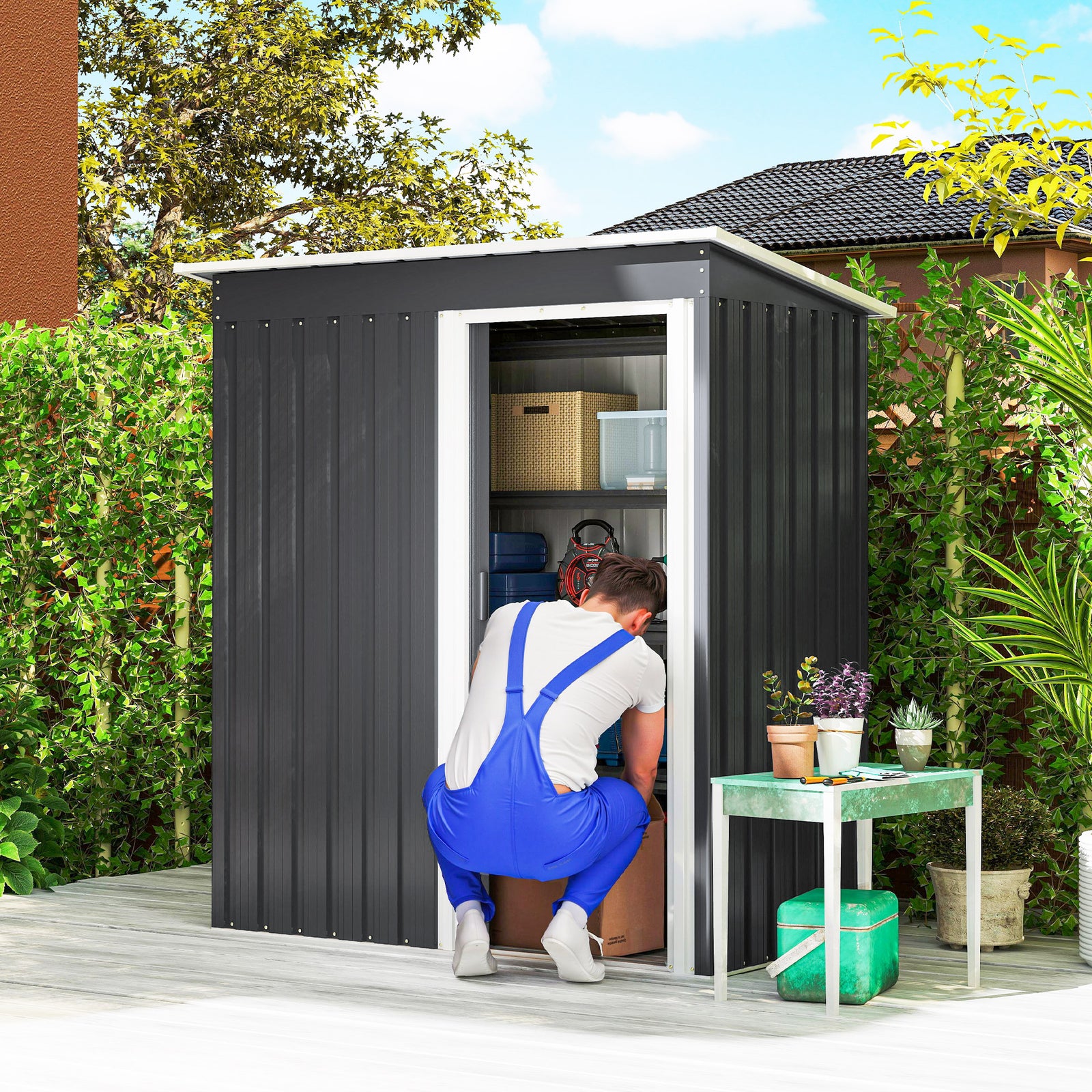 5 x 3ft Garden Storage Shed with Sliding Door and Sloped Roof Outdoor Equipment Tool, Black