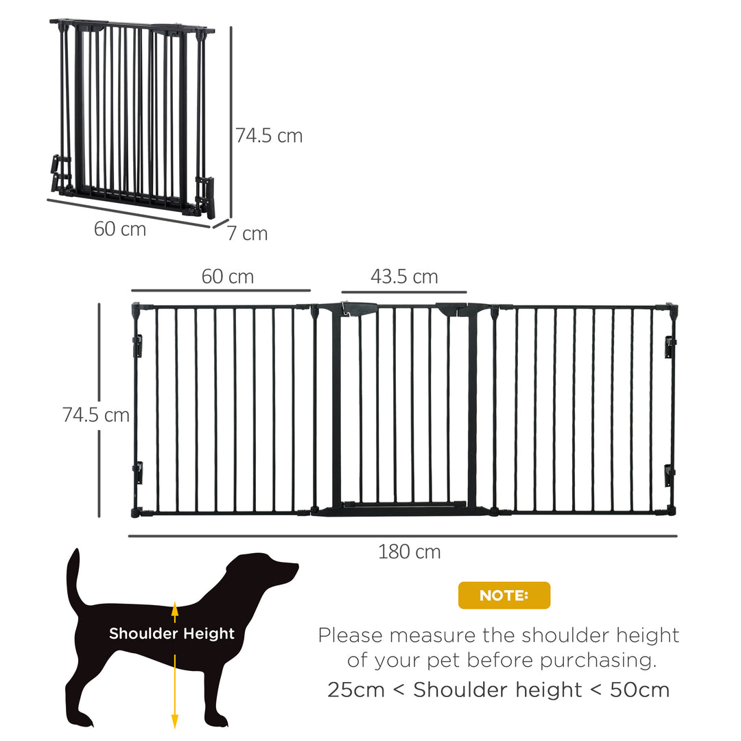 PawHut 3-Panel Metal Pet Gate: Safety Fence for Dogs with Walk Through Door & Auto Close Lock, Room Divider, Black | Aosom UK