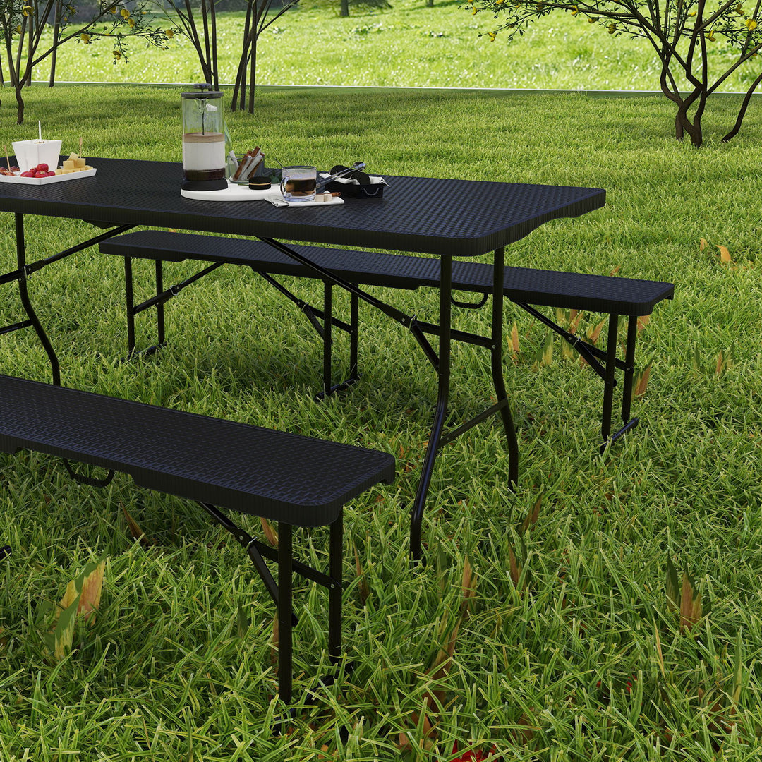 Folding Picnic Table and Bench Set, Rattan Effect Portable Camping Table and Chairs with Carrying Handles for Indoor Outdoor, Dining, Camping, Picnic, BBQ, Party, Black