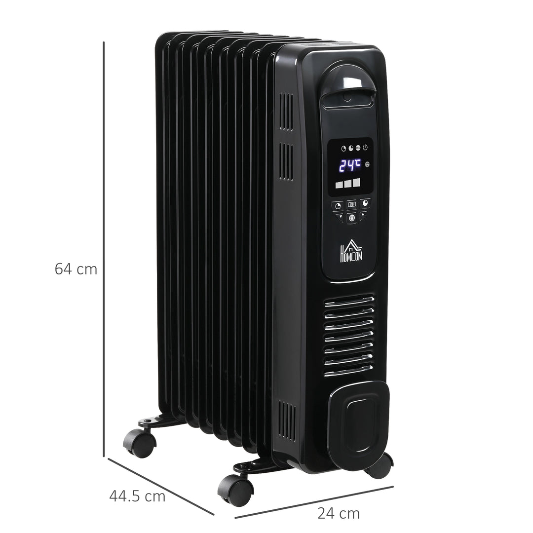 2000W Digital Oil Filled Radiator, 9 Fin, Portable Electric Heater with LED Display, Timer, 3 Heat Settings, Safety Cut-Off and Remote Control, Black