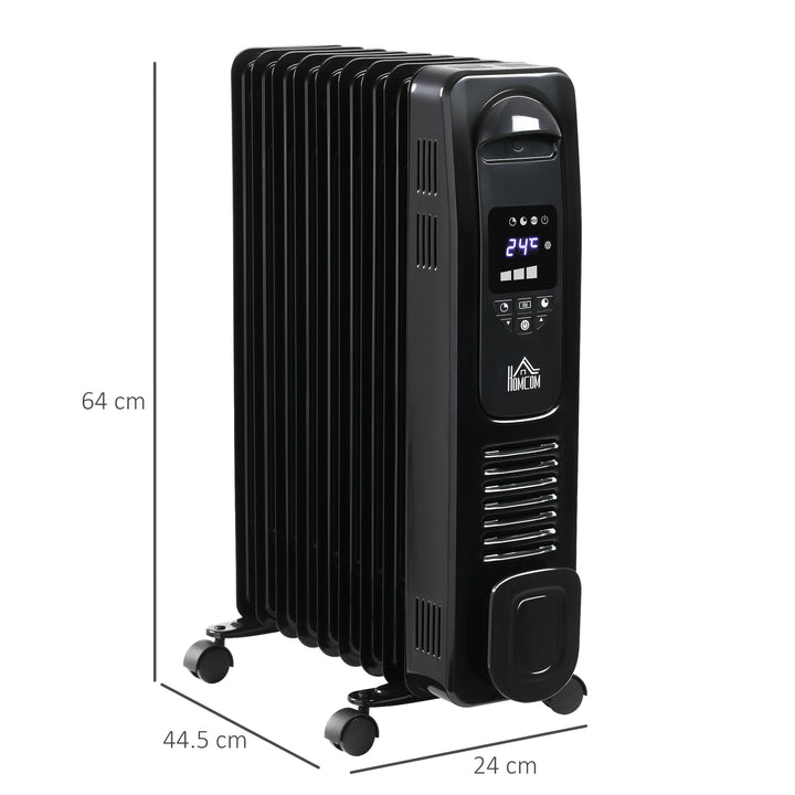 2000W Digital Oil Filled Radiator, 9 Fin, Portable Electric Heater with LED Display, Timer, 3 Heat Settings, Safety Cut-Off and Remote Control, Black