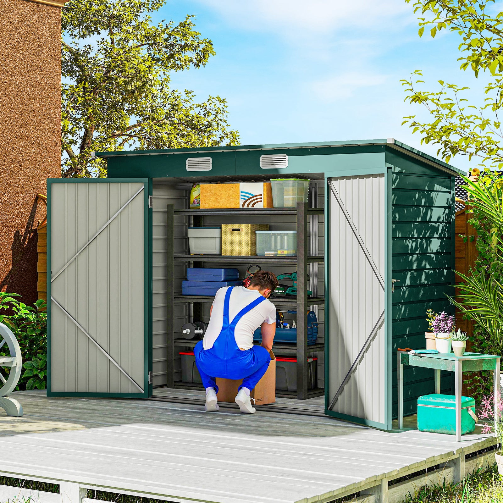 3.7 x 7.9ft Galvanised Steel Shed, with Latched Door and Padlock - Green