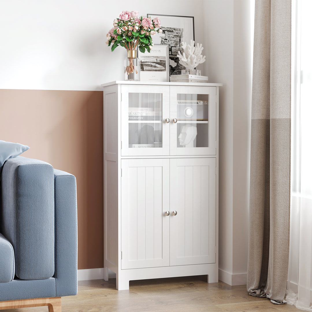 Bathroom Floor Cabinet, Freestanding Kitchen Cupboard with 2 Drawers, Adjustable Shelves and Tempered Glass Door, Wooden Storage Unit for Living Room Kitchen Hallway
