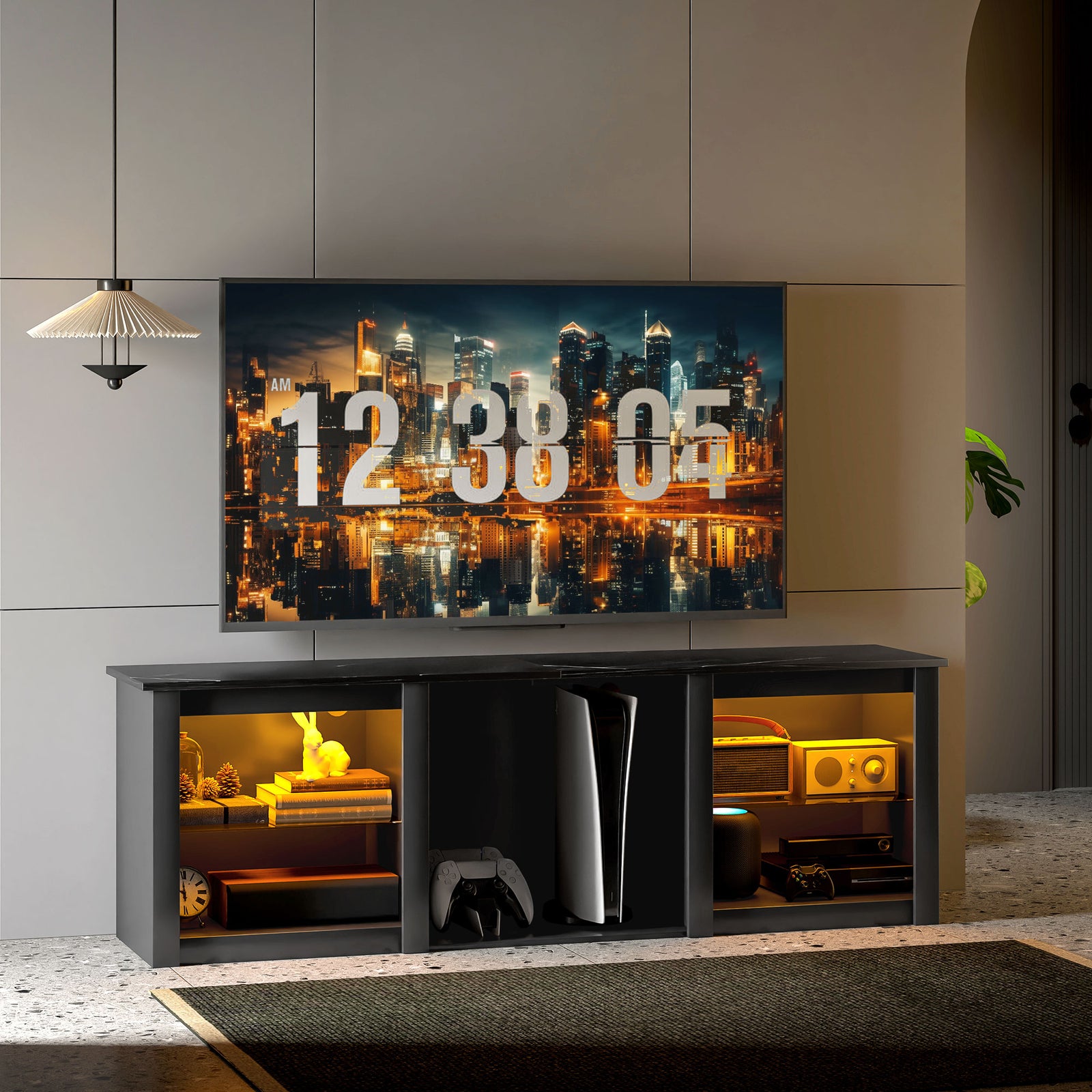 65" TV Stand, with LED Lights and Storage - Black