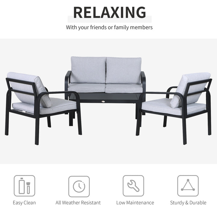 4pcs Garden Sofa Set 2 Single Armchair, 1 Bench & 1 Coffee Table Set Aluminum Frame Patio Furniture with Cushions, Black
