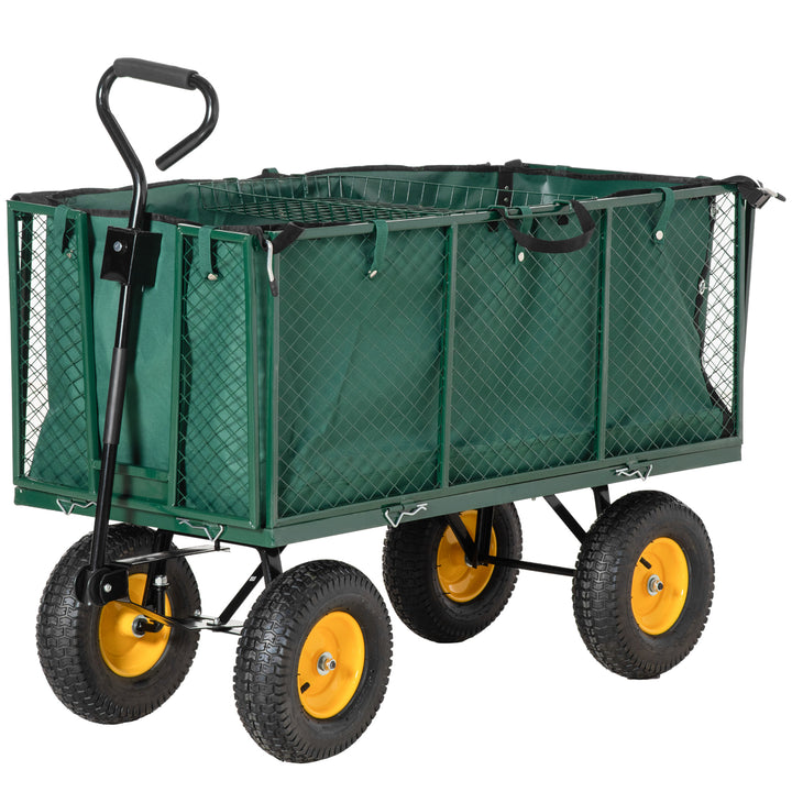 Outsunny Heavy Duty Garden Trolley with 4 Wheels, Metal Frame, and Pull Handle, Ideal for Gardening Tasks, Green | Aosom UK