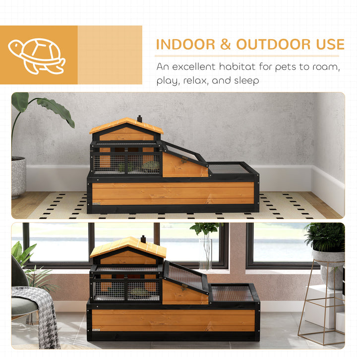 Wooden Tortoise House with Balcony, Tray, Roof, for Indoor and Outdoor, Yellow