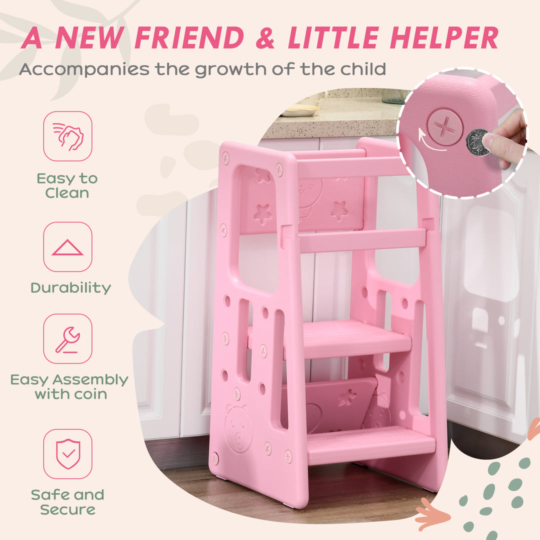 Kids Step Stool, Adjustable Standing Platform, Toddler Kitchen Stool, Pink