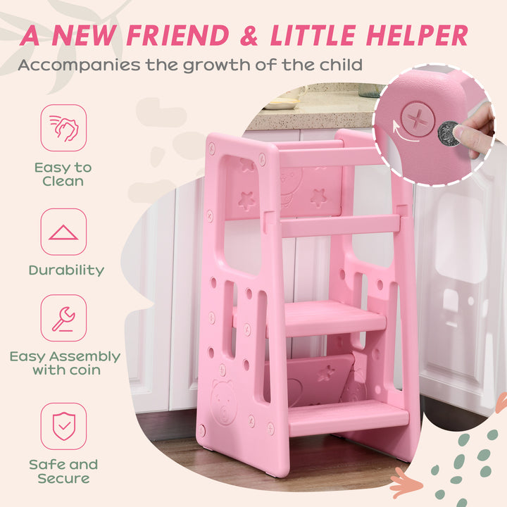 Kids Step Stool, Adjustable Standing Platform, Toddler Kitchen Stool, Pink