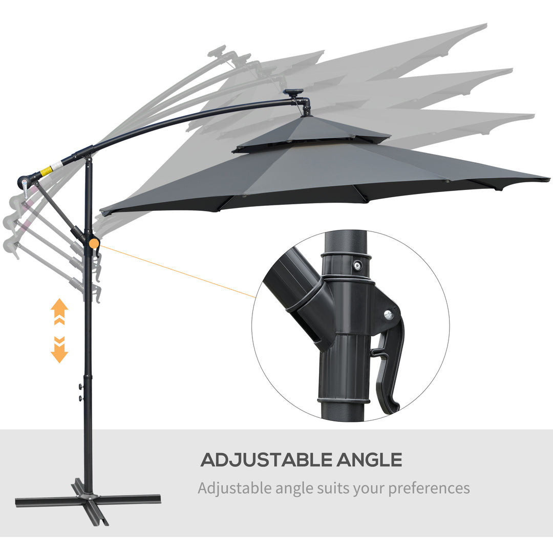 3(m) Cantilever Banana Parasol Hanging Umbrella with LED Solar lights, Crank, 8 Sturdy Ribs and Cross Base for Outdoor, Garden, Patio, Black