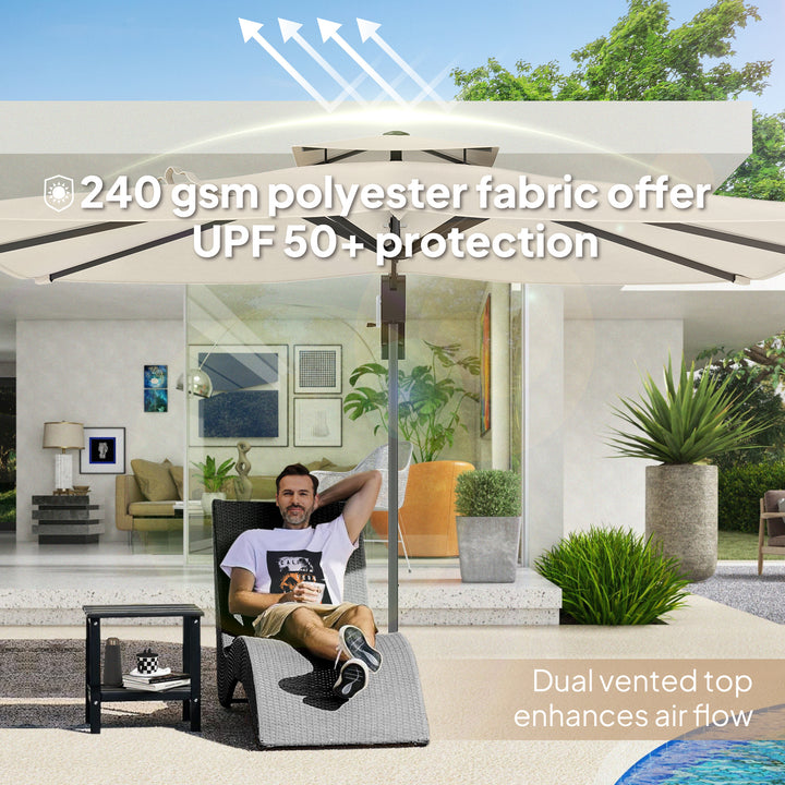 3.7 x 2.7 m Cantilever Parasol w/ 360° Rotation and Easy Tilt Adjustment, Aluminium Hanging Offset Outdoor Umbrella w/ Double Top, Cross Base, UPF50+ Hanging Sun Shade, Grey Wood Effect Pole