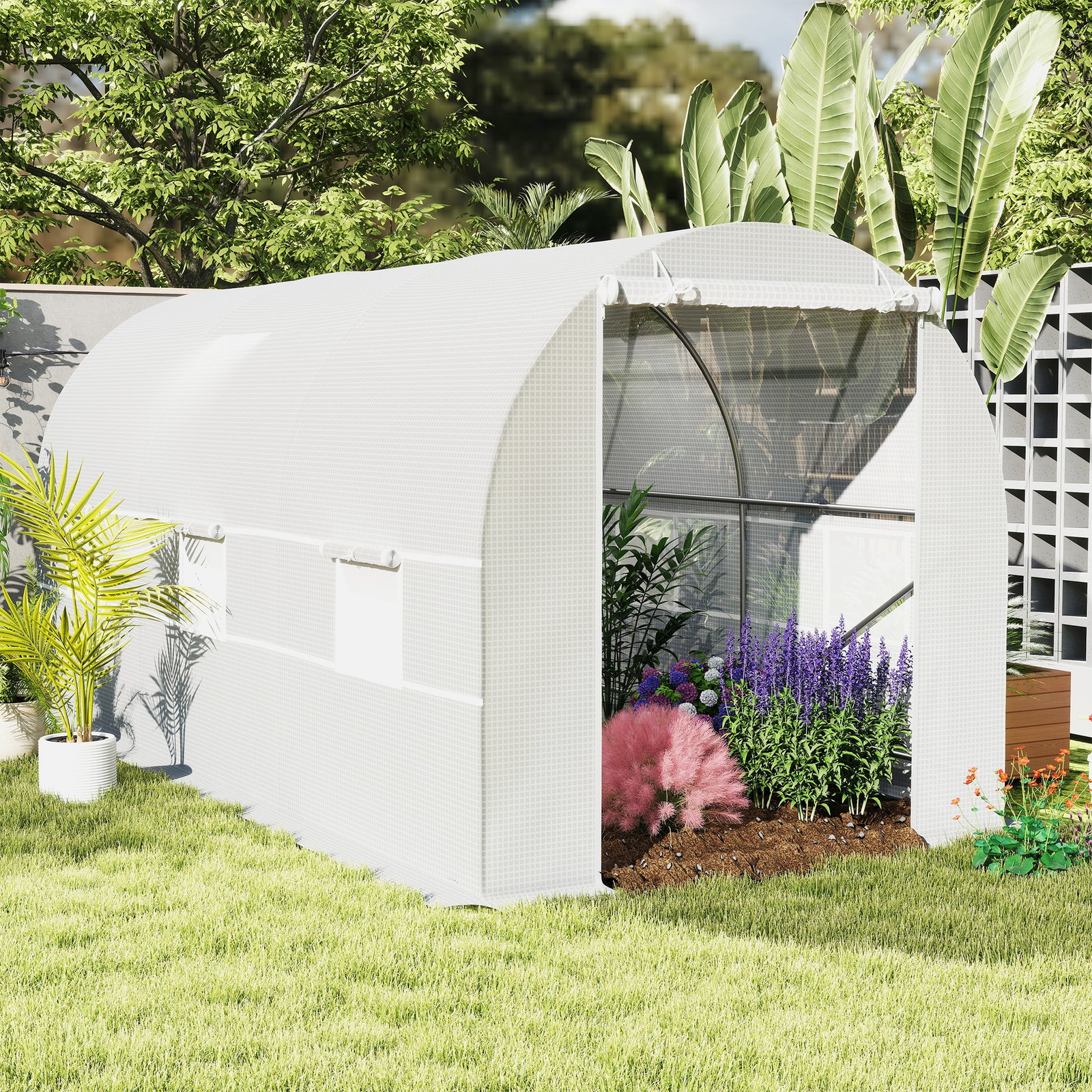 4.5 x 2 x 2 m Polytunnel Greenhouse, Walk-in Green House for Garden with Mesh Windows, Galvanised Steel Frame, White