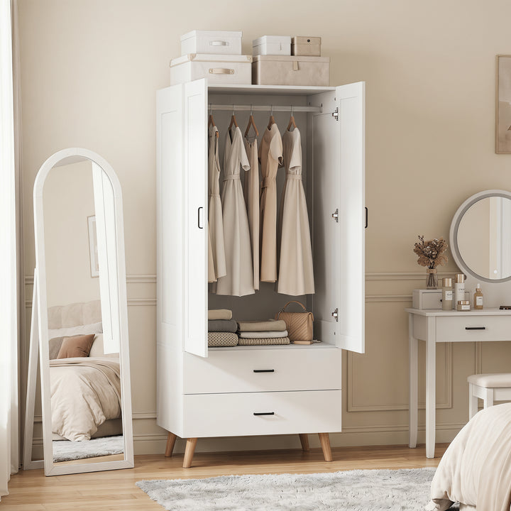 2-Door Wardrobe, Modern Wardrobe with 2 Drawers and Hanging Rail for B