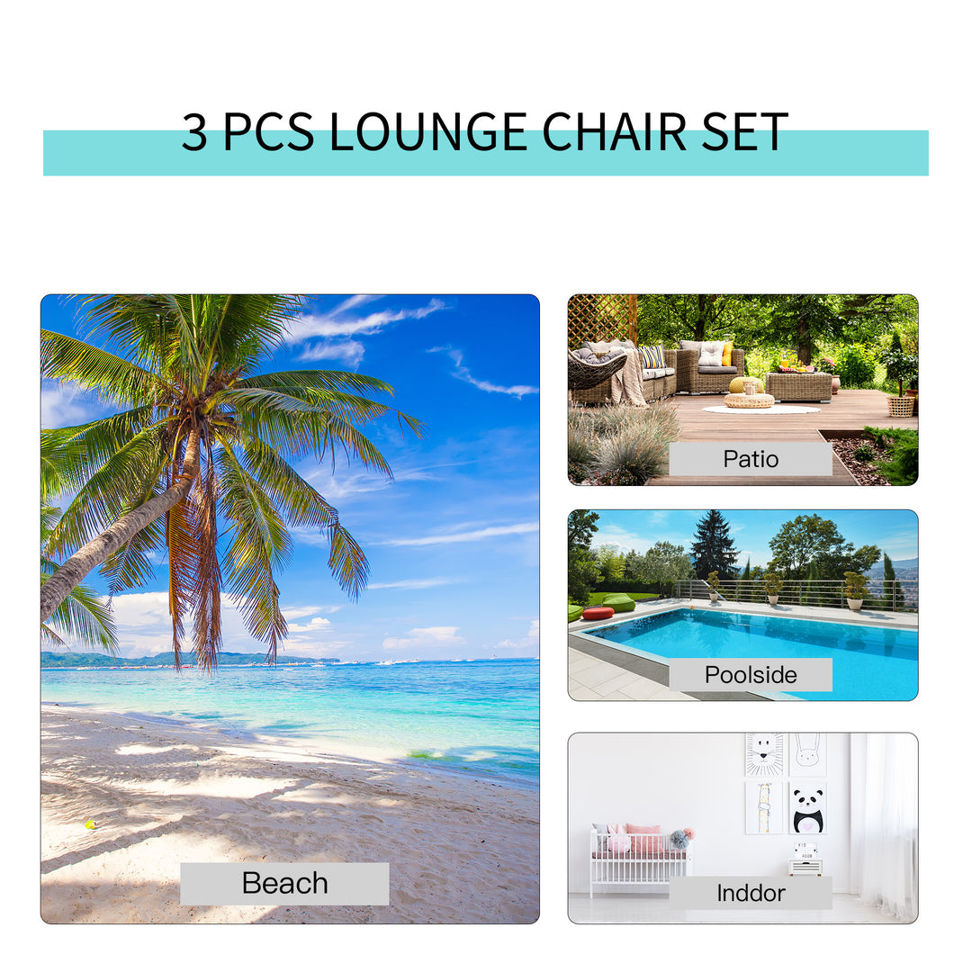 3 Pieces Sun Lounger Chair Set, Metal Frame Garden Outdoor Sunbathing Chair with Side Table and Armrest, Grey