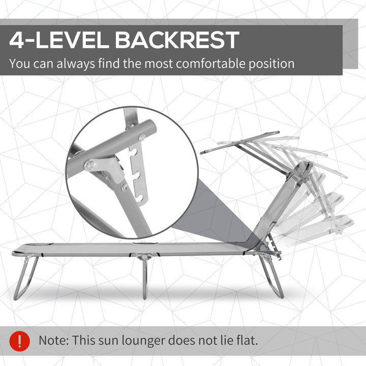 Outdoor Foldable Sun Lounger, 4 Level Adjustable Backrest Reclining Sun Lounger Chair with Angle Adjust Sun Shade Awning for Beach, Garden, Patio, Light Grey