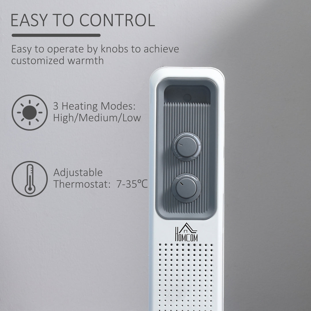 MCL 1500W Oil Filled Radiator, 7 Fin, Portable Electric Heater with 3 Heat Settings, Safety Cut-Off and Wheels, White