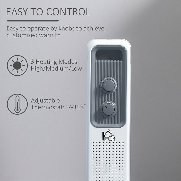 MCL 1500W Oil Filled Radiator, 7 Fin, Portable Electric Heater with 3 Heat Settings, Safety Cut-Off and Wheels, White