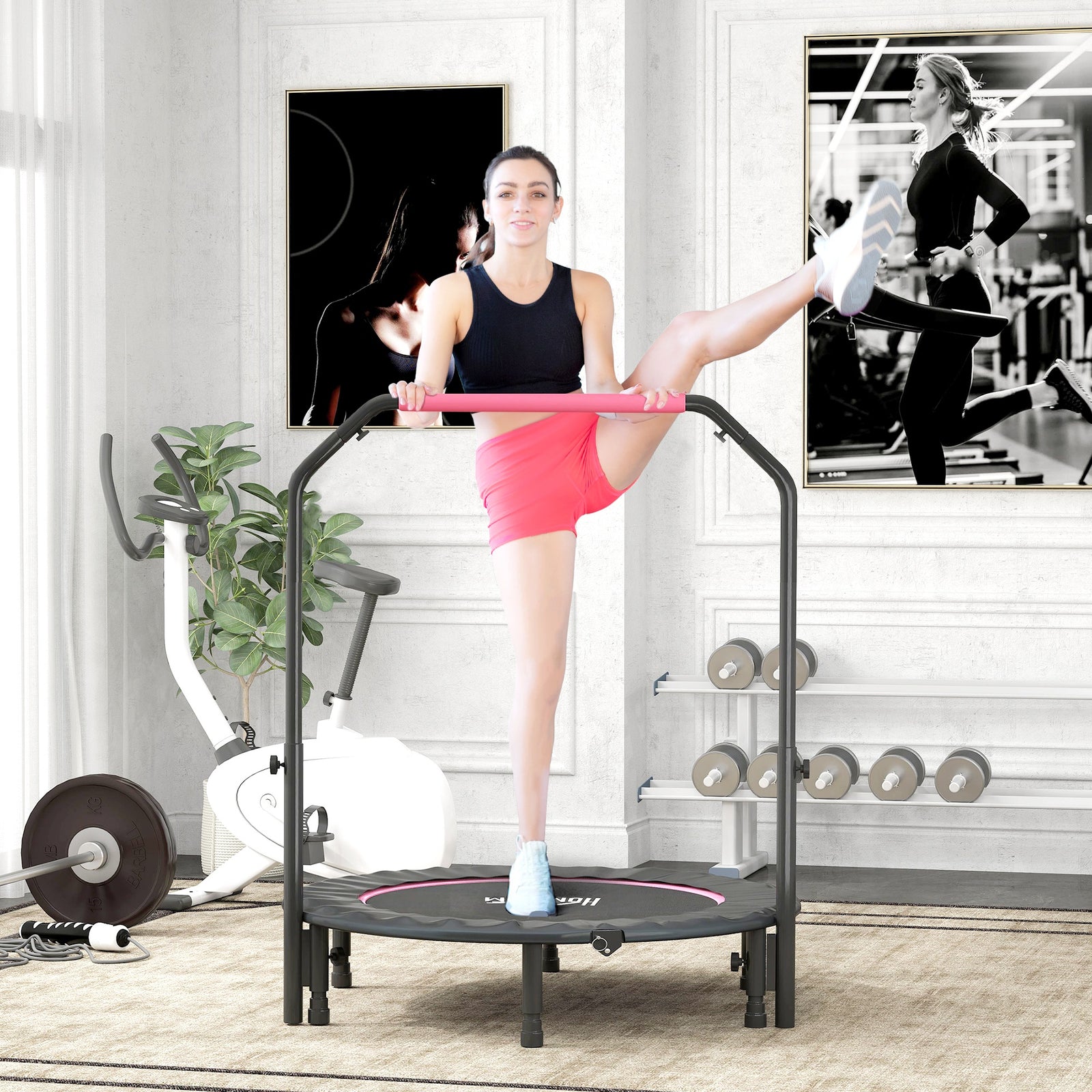 45" Foldable Mini Fitness Trampoline, with Adjustable Foam Handle, Pink