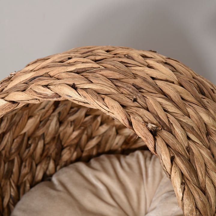 Wicker Cat Bed, Raised Rattan Cat Basket with Cylindrical Base, Soft Washable Cushion, 50 x 42 x 60 cm - Brown