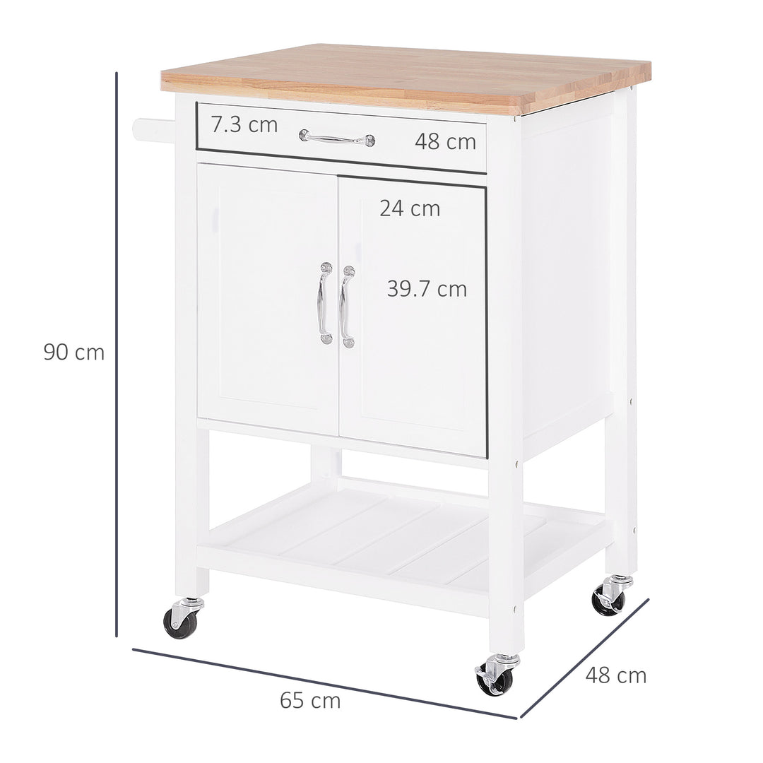 Kitchen Storage Trolley Cart Rolling Wheels Shelves Cupboard W/ Drawer And Towel Rail Rubber Wood Worktop White