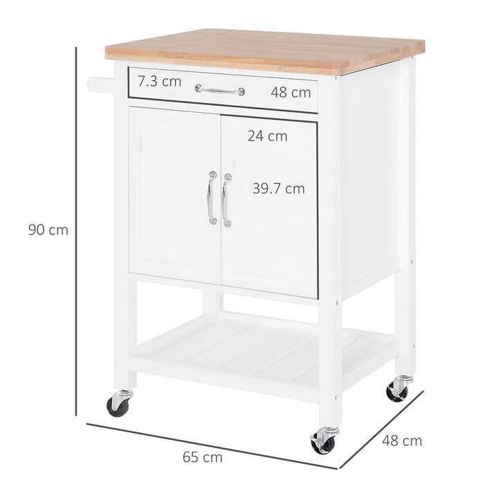 Kitchen Storage Trolley Cart Rolling Wheels Shelves Cupboard W/ Drawer And Towel Rail Rubber Wood Worktop White
