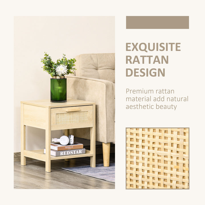 Bedside Table Set of 2 with Rattan Drawer, Rustic Side Tables with Storage Shelf for Bedroom, Living Room, Natural