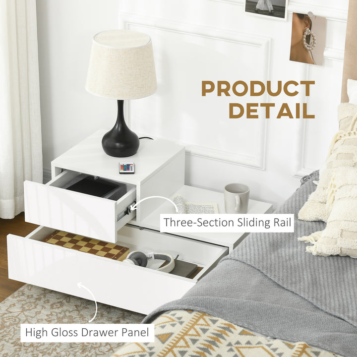 High Gloss Front Bedside Table with Drawers Nightstand with RGB LED Light and Remote for Bedroom Living Room White