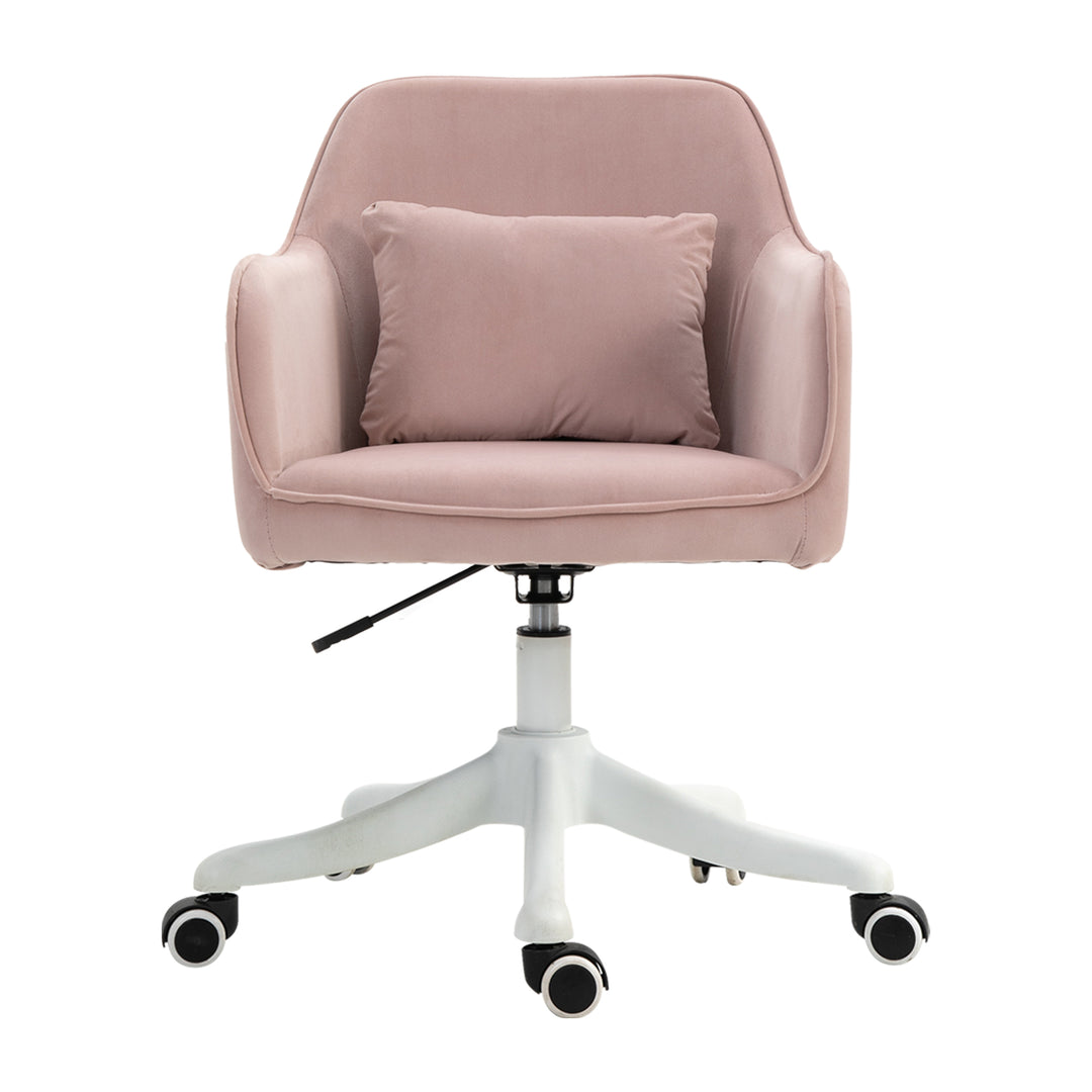 Velvet Office Chair, Desk Chair, Makeup Vanity Chair with Massage Lumbar Pillow and Rolling Wheels for Bedroom and Home, Pink
