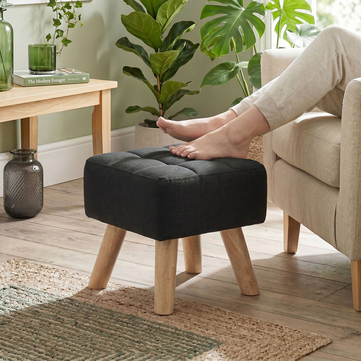Linen-Look Square Padded Footstool - Black