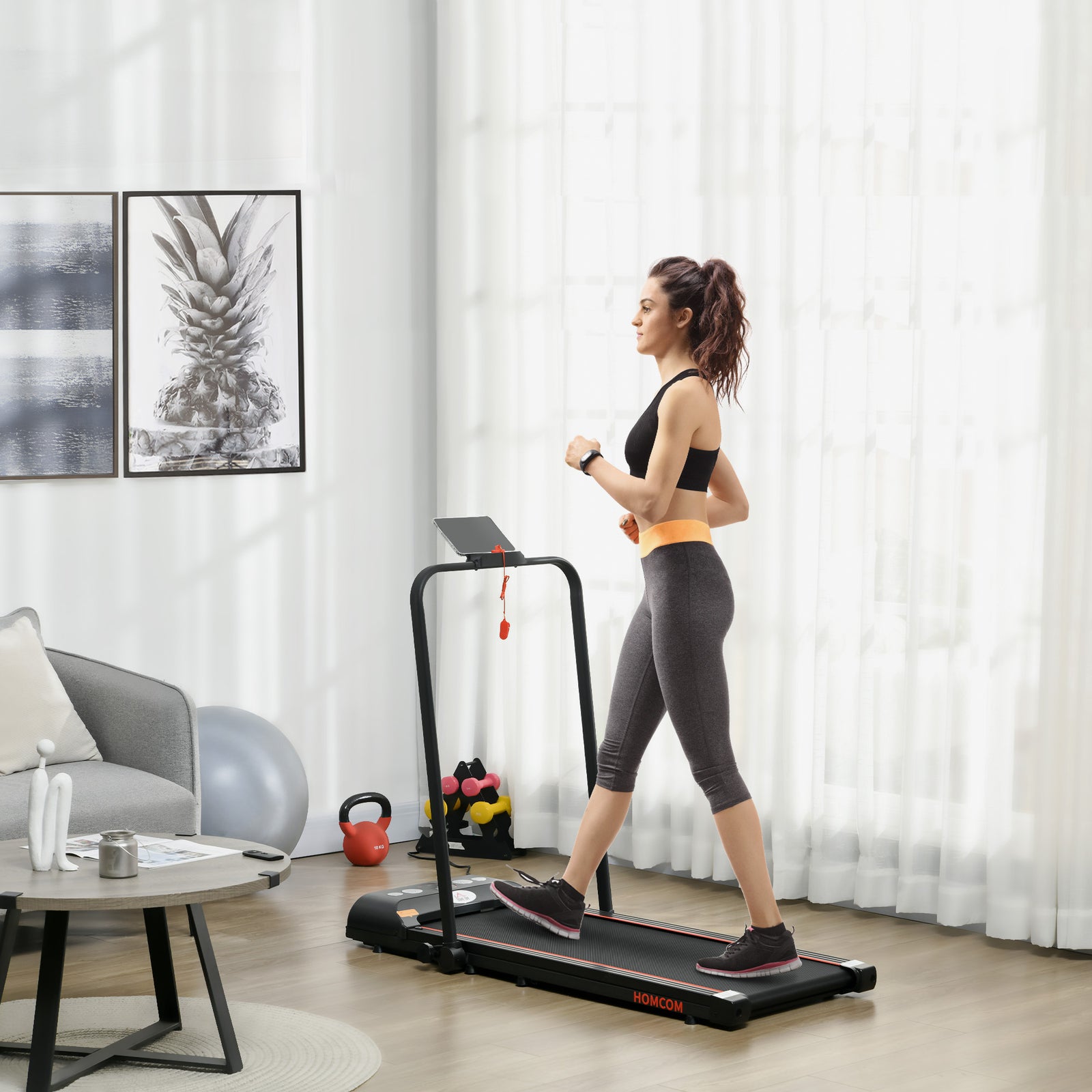 Foldable Walking Treadmill, with LED Display and Wheels, for Home, Office, Gym, Red